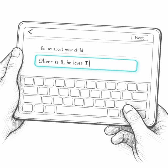 Tablet with a form describing a child and an on-screen keyboard