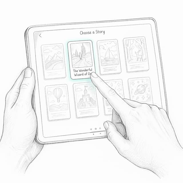 Tablet choosing a story from a set of book cards