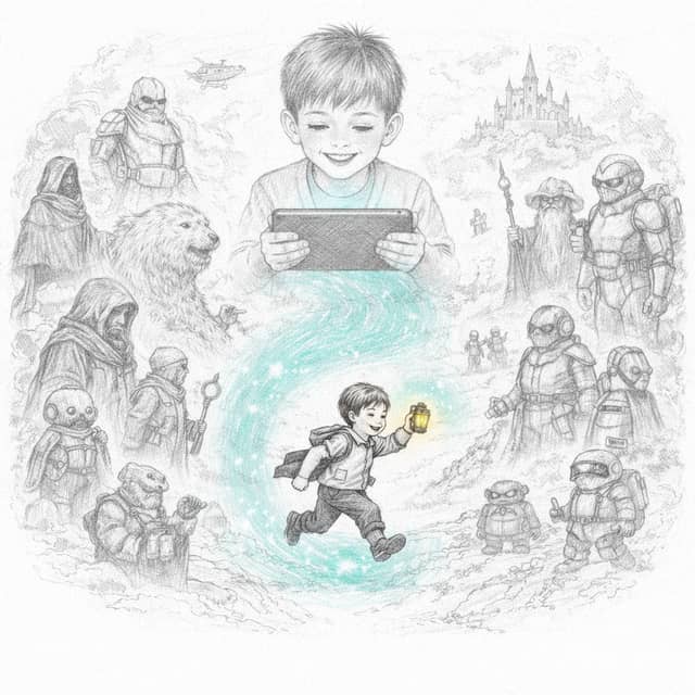 Child entering a personalized story world with fantasy and sci-fi characters around
