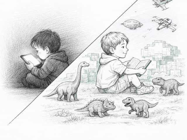Boy reading in a world of dinosaurs and spaceships
