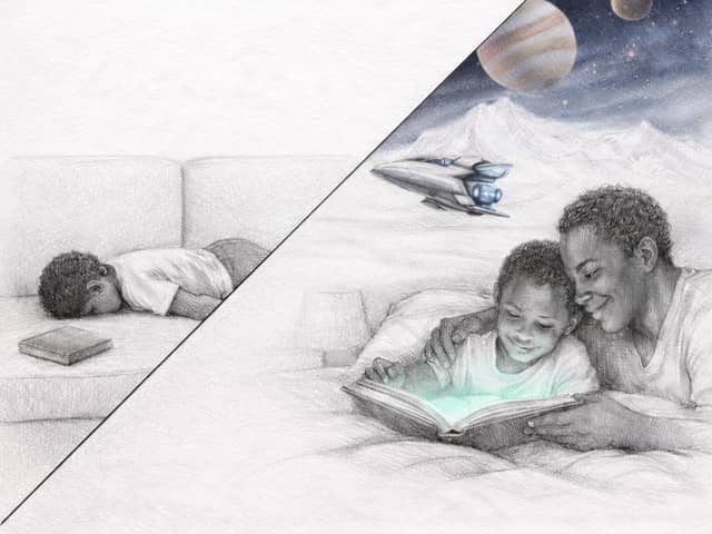Child and parent reading a glowing book that opens into an imaginative world