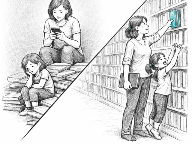 Mother and daughter choosing a book from a library shelf